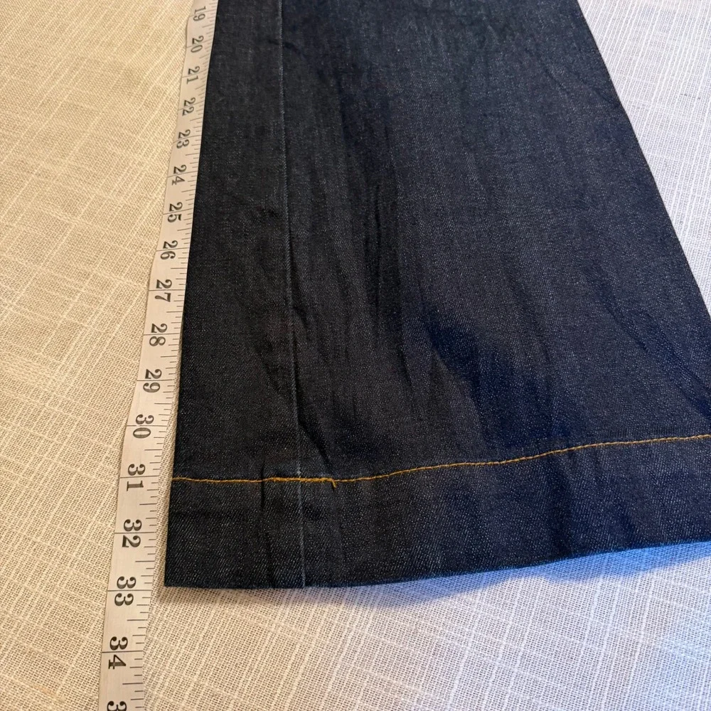 Tory Burch Dark Wash Wide Leg Denim Jeans Gold Logo Size 26 Indigo Stretch